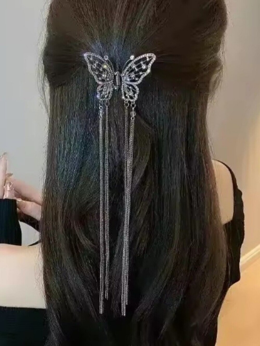 Brand New Titanium Black Butterfly Rhinestone Dangle Hair Claw Clip